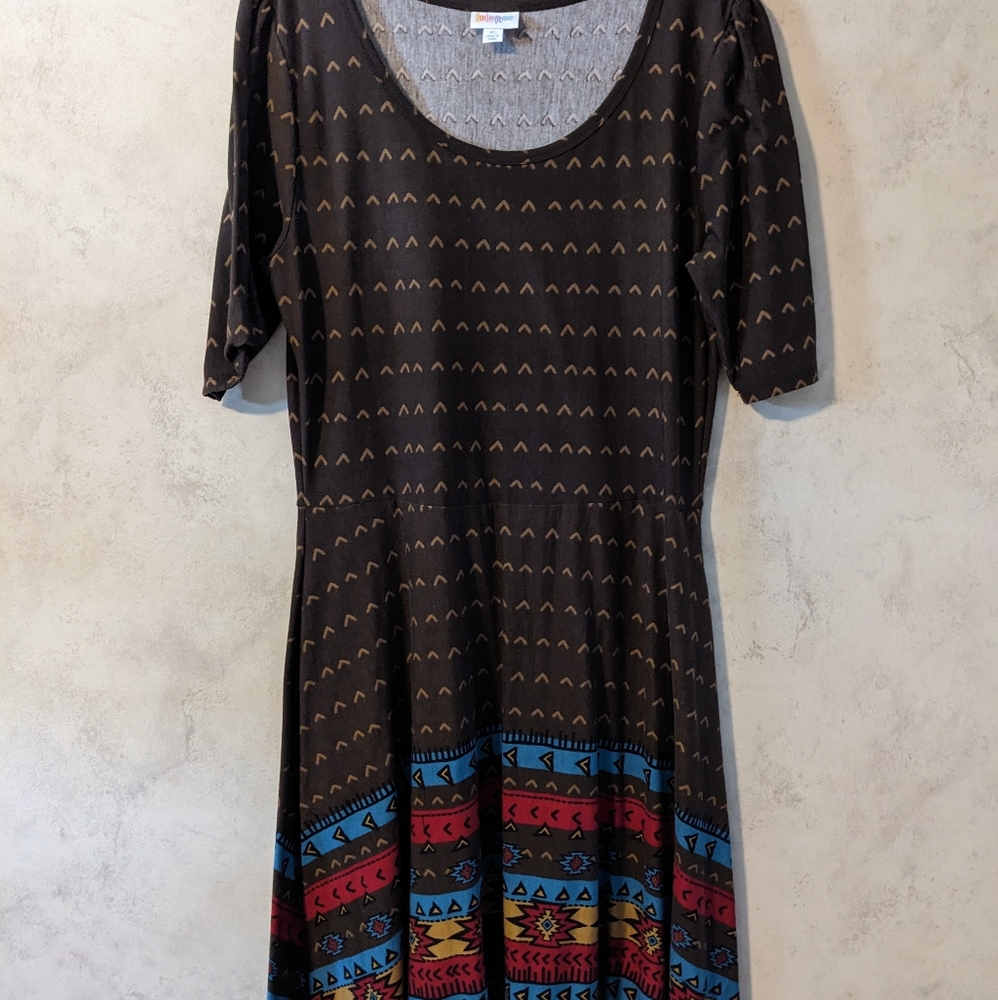 LuLaRoe Nicole dress.  XL mid length. Brown with multi colored pattern.